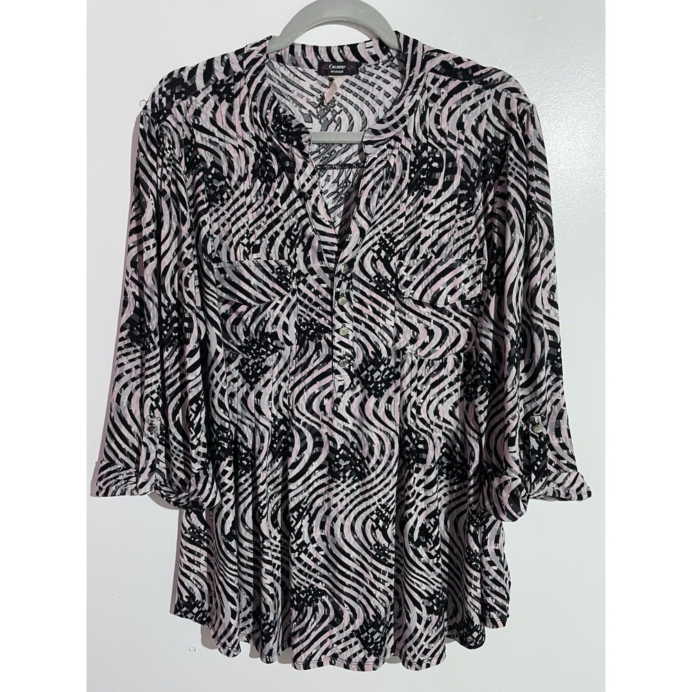 Cocomo Popover Top 2X Artsy Geometric Office Art To Wear Brunch Vacation Casual